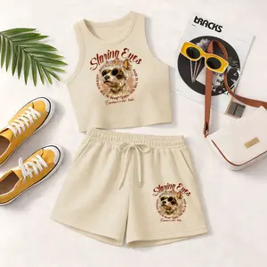 Women's Puppy Print Sleeveless Tank Top And Drawstring Shorts Set, Casual Summer Sports Two-Piece Set, Ribbed Knit Tank Top And Shorts Set, Suitable For Everyday Wear.