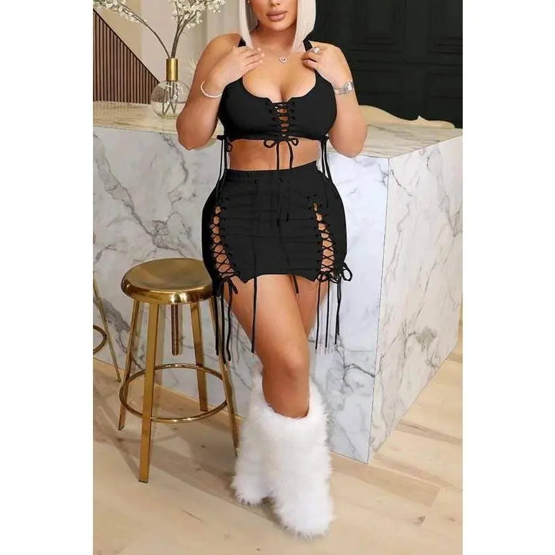 Women's Chic 2-Piece Fitted Clothing Set - Elastane Spandex Sleeveless Racer Back Top, Short Lace Trim Skirt, Polyester, Comfortable, Hugs Body Evening Wear