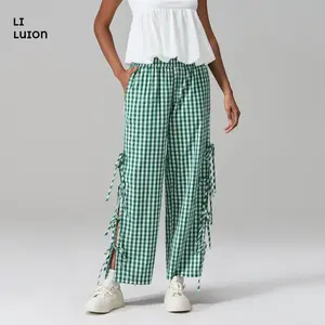 Women Wide-Leg Pants Plaid Side Tie-Up Loose Trousers Spring Summer Casual Sweatpants Bottoms