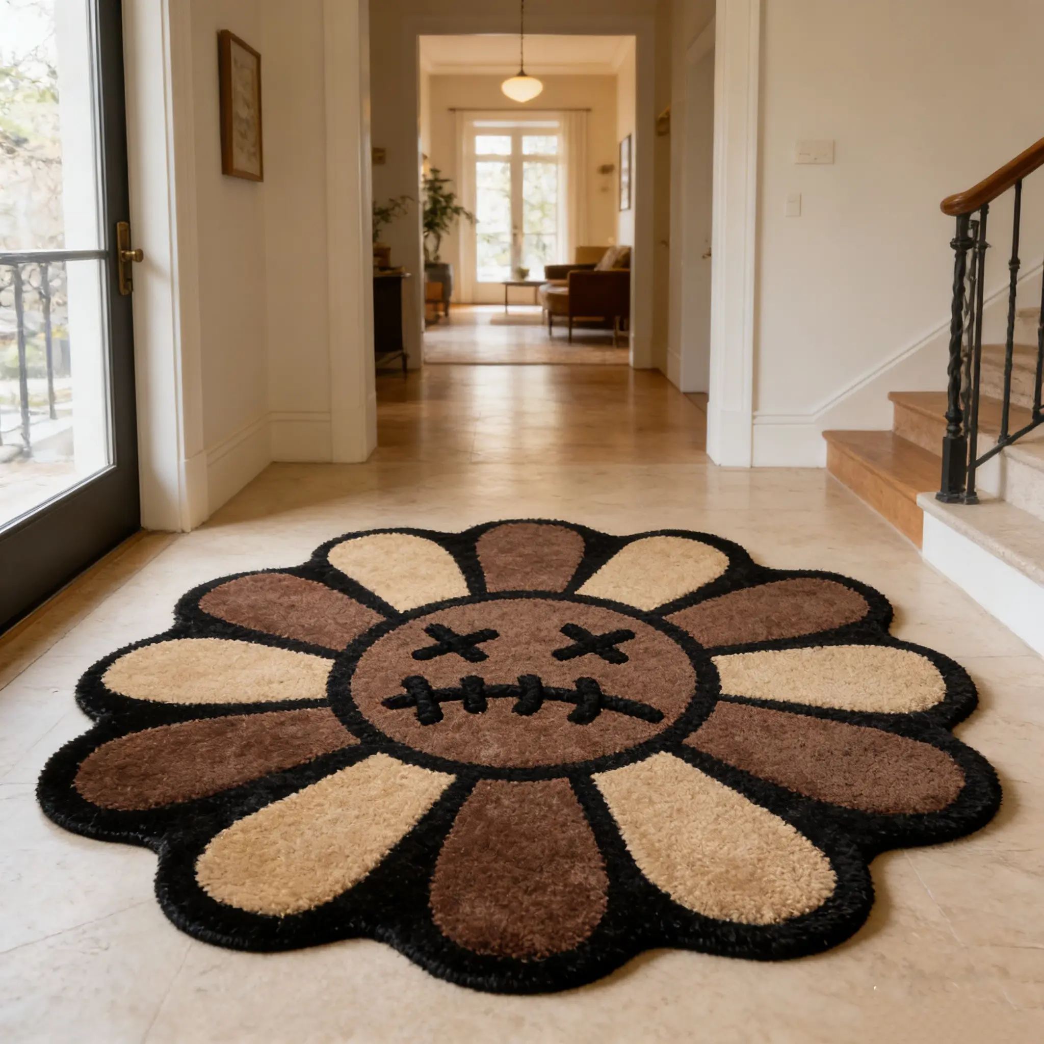Mourning style grimace flower shaped carpet coffee color contrasting velvet floor mat, Decorative Area Rug, Modern Indoor Rug, Floor Rugs, study bedroom anti slip wear-resistant decorative mat suitable for ins style trendy home decoration