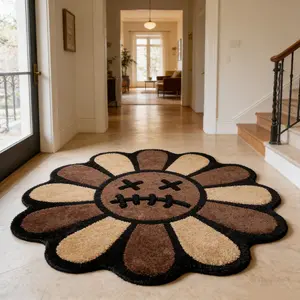 Mourning style grimace flower shaped carpet coffee color contrasting velvet floor mat, Decorative rug mat, study bedroom anti slip wear-resistant decorative mat suitable for ins style trendy home decoration