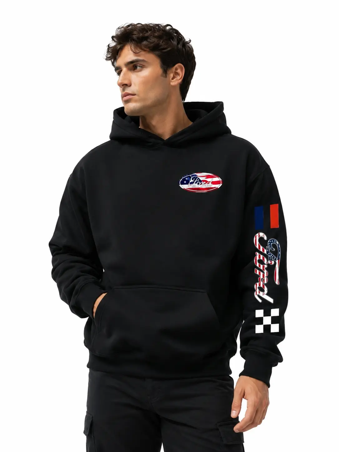 90s Ford American Flag Hoodie, Unisex Hoodie for Car Fans, Vintage Sweatshirt for Men and Women
