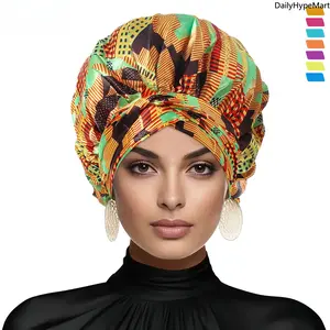 Printed Wide-Brim Round Hat, Double-Layer Satin Tie Haircare Sleep Cap, Fashion Turban Hair Care Bonnet