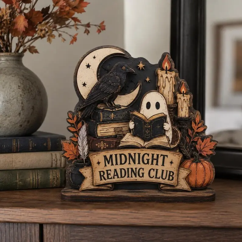 Happy Halloween Village Wooden Block, 2 Layer Ghost Shop Shelf Sitter, Custom Shape Spooky Fall Mantel Decor
