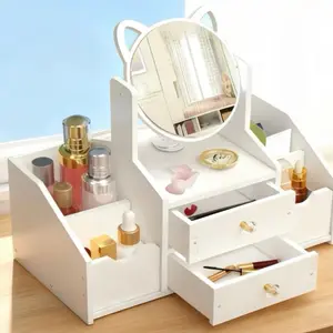 Wooden Makeup Organizer with Mirror and Drawers for Cosmetics and Jewelry Storage White Vanity Tabletop Display