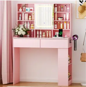 Makeup Vanity w/ Visible Glass Top, Get Ready with Me Vanity with Mirror, LED Sliding Mirror,Pink