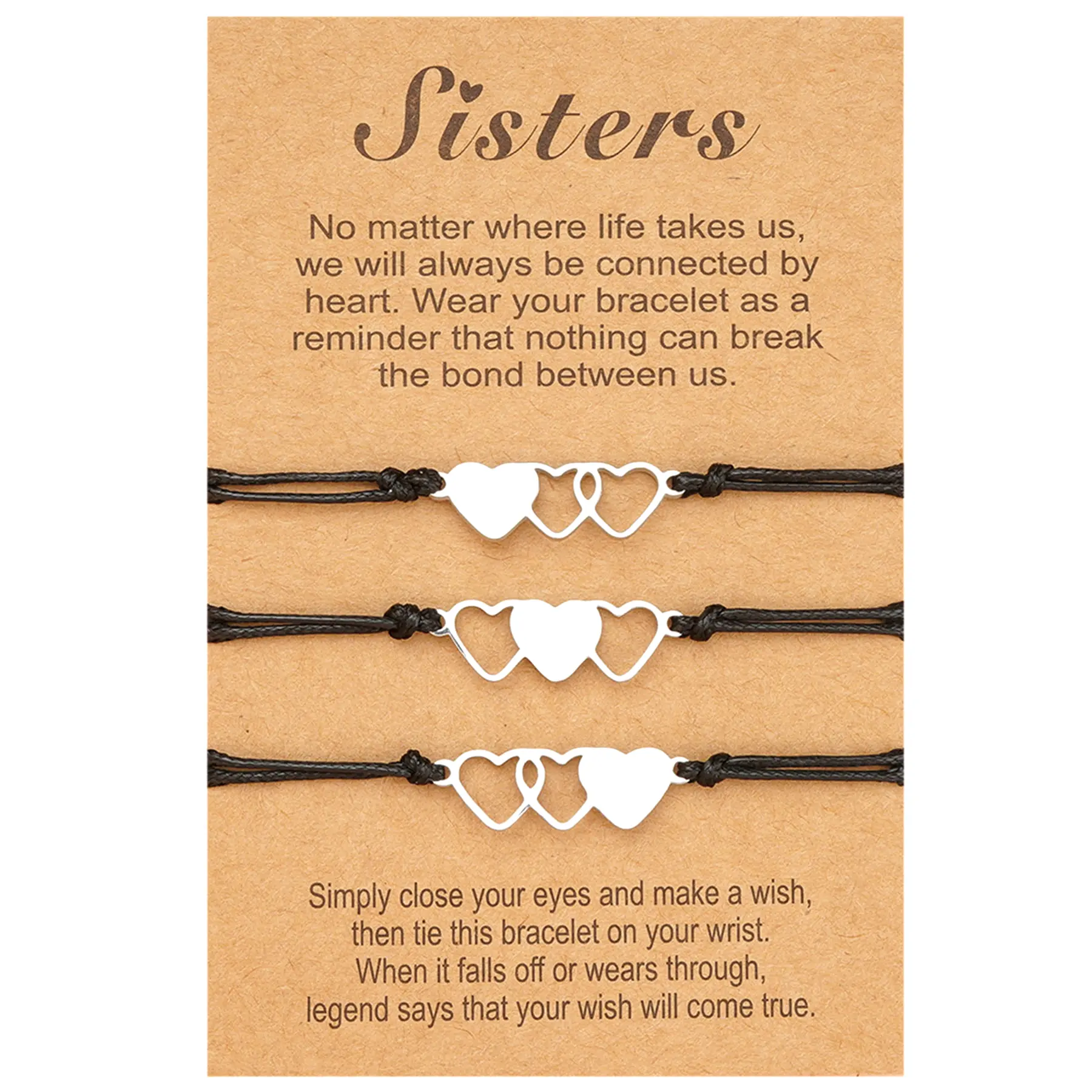 OIDEA Unisex 3-Piece Friendship Bracelet Set - Stainless Steel Connected Triple-Heart Charm, Extra-Wide Adjustable Wax Rope (5.12"-11.81"), Lightweight Graduation/Birthday Gifts for Best Friends