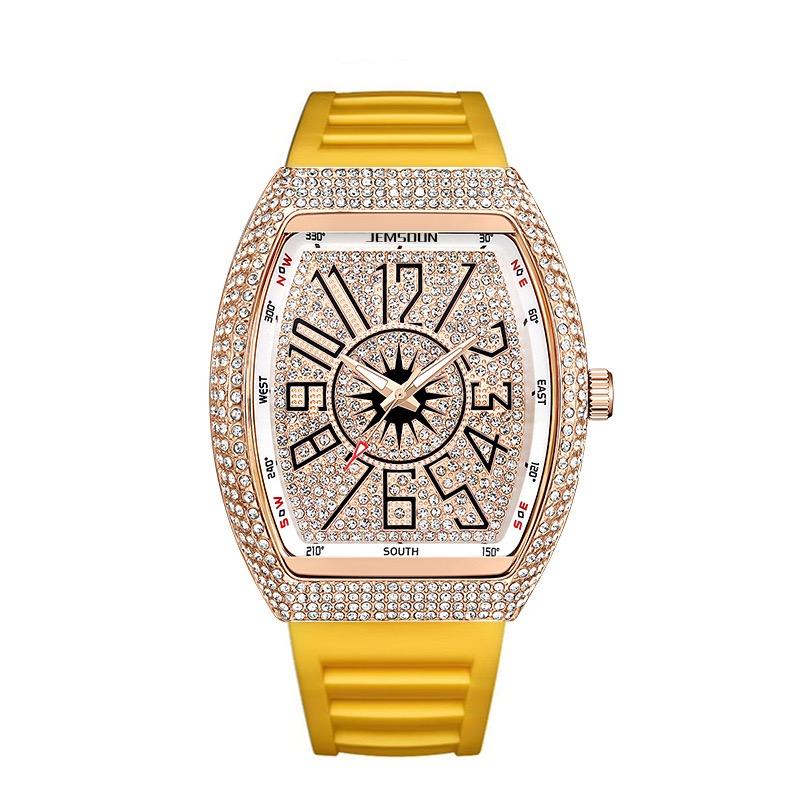 Men's Iced Out Tonneau Watch, Luxury Rhinestone Encrusted Quartz Wristwatch with Silicone Band, Hip Hop Fashion Casual Timepiece for Men