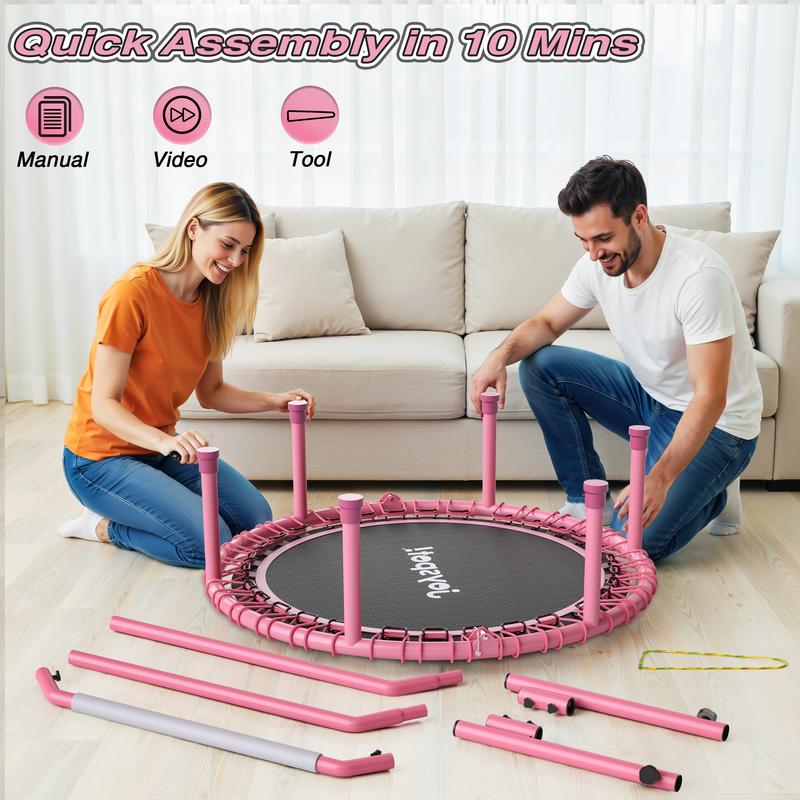 JOY SPOT! 450 LBS Foldable Trampoline 40" Fitness Trampoline with Bungees Adjustable Foam Handle/T Handle No Rope Training Jump Rope Home Gym Workout Stable Quiet Exercise Rebounder for Adults, Valentine's gift