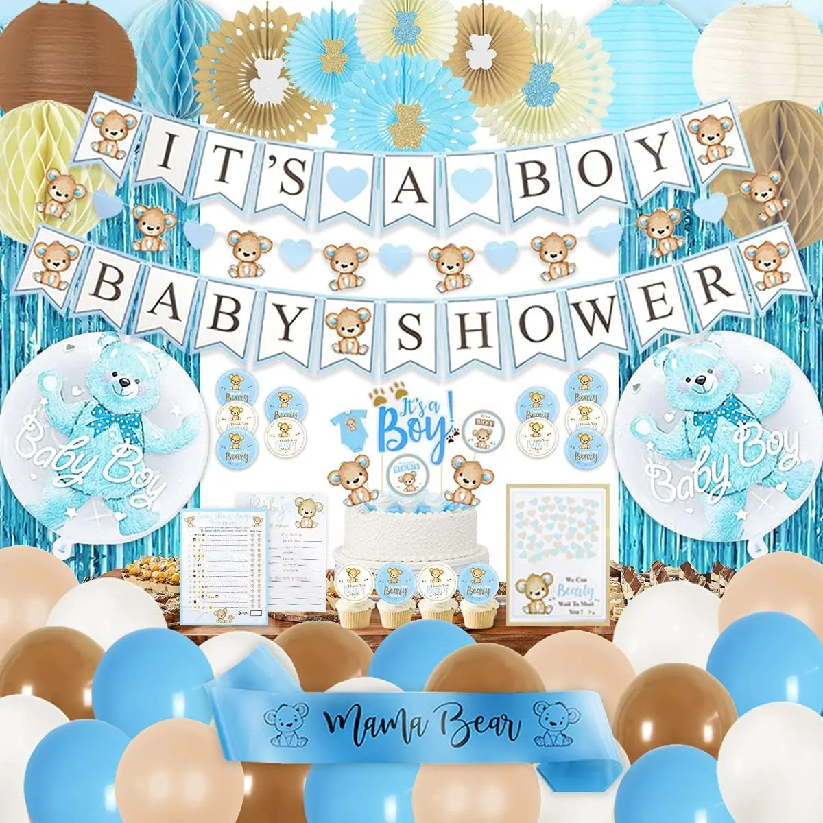 210 PC Teddy Bear Baby Shower Decorations for Boy Kit- It's a BOY Pre-Strung Banners, Garland, Streamers Guestbook Mommy Sash Blue Brown Balloons Cake Toppers Paper Fans Lantern Games & Favor Stickers