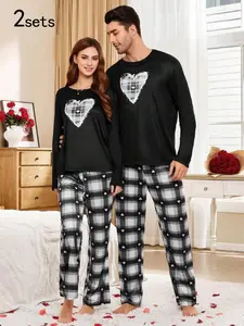 Couple Pajamas Set Long Sleeve Loungewear Heart, Casual Home Wear for Men Women, Comfortable Sleepwear for All Seasons