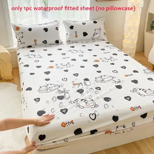 1pc Waterproof Fittde Sheet, Black & White Cute Pet Heart Design, Full-Coverage Anti-Slip Fitted Sheet, Stain-Resistant & Urine-Proof Skin-Friendly Mattress Pad, Suitable for All Seasons