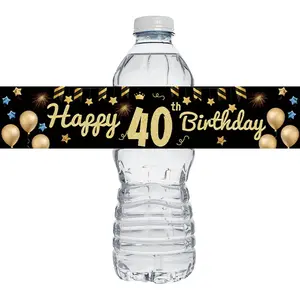 48Pcs Black Gold Balloon Happy 40th Birthday Water Bottle Labels Stickers Wraps for Birthday Party