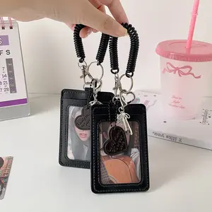 Creative PU Leather Card Holder Double Card Slot with Lanyard Photos Protective Cover ID Card Holder