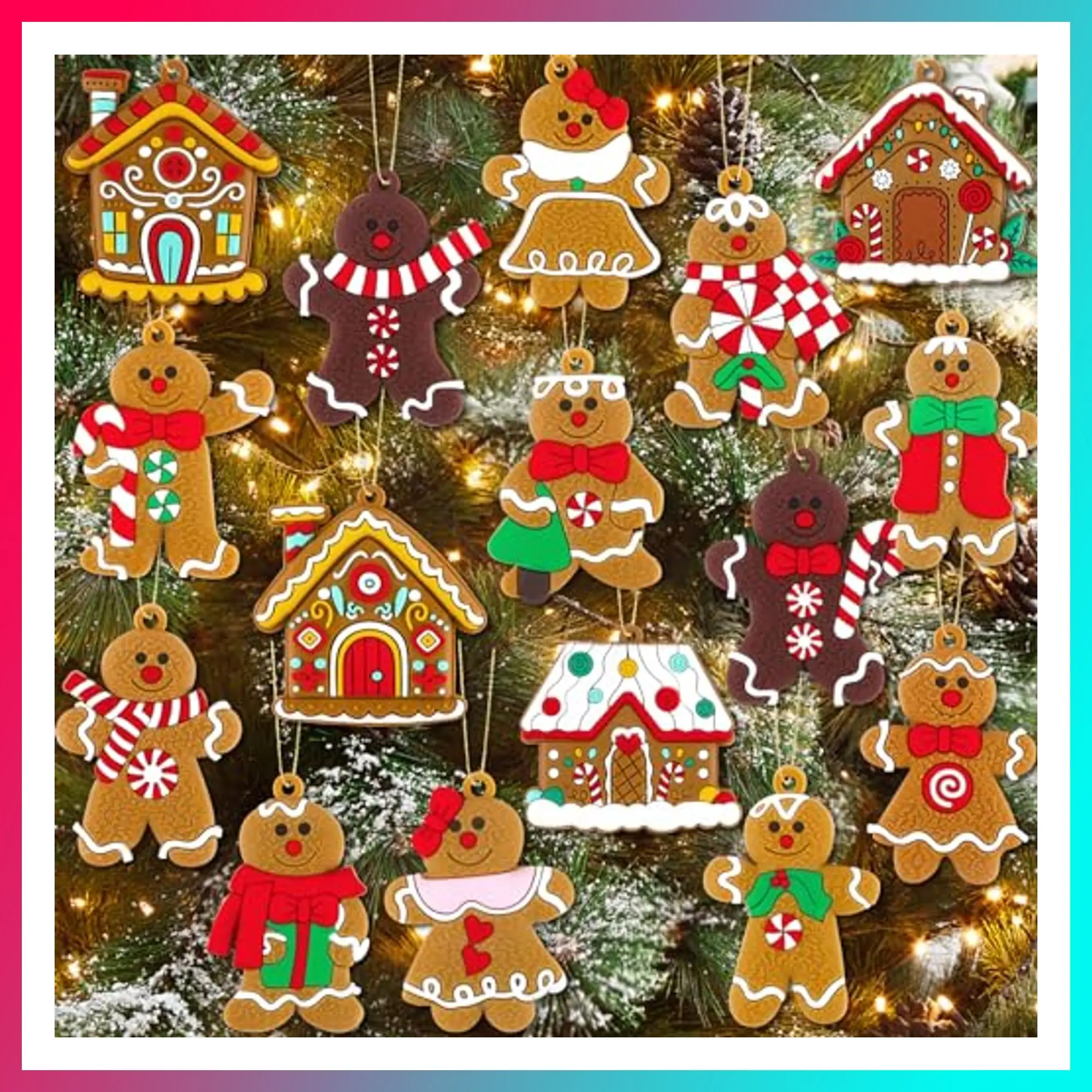 16Pcs Gingerbread Man Ornaments for Christmas Tree Gingerbread Christmas Decorations with Plastic Gingerbread Ornaments Gingerbread House Ornaments for Christmas Tree Hanging Decoration