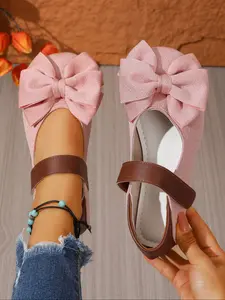 Women's Spring Summer New Bow Mary Jane Flat Shoes, Velvety Material, Easy Wear with Magic Tape, Comfortable for Daily & Commute, Bowknot Design Shoes