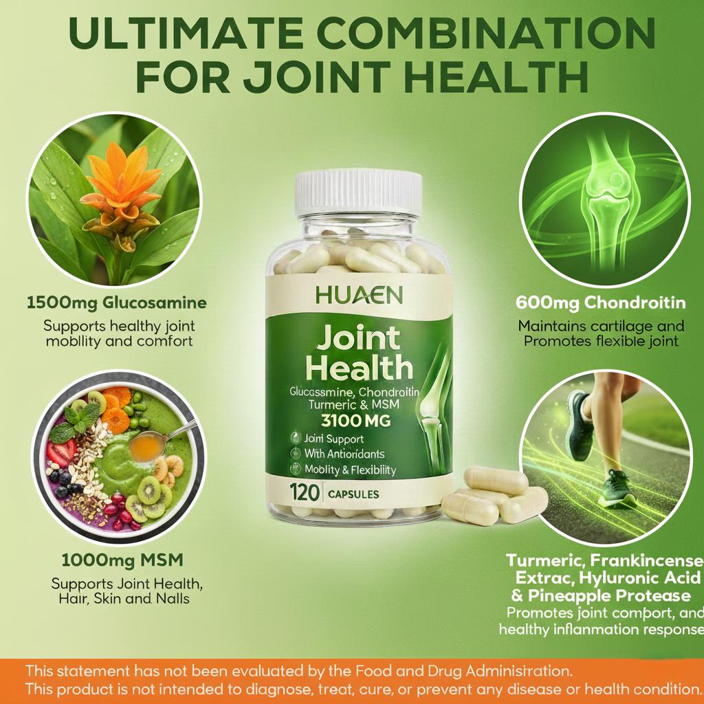 HUAEN 3100mg Joint Support - Ultimate 7-in-1 Formula for Joint Strength & Flexibility - Relieve Knee & Bone Discomfort - Advanced Glucosamine & Chondroitin Complex - 120ct