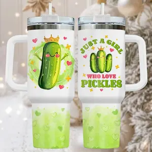 Pickle Lovers 40oz Tumbler, Stainless Tumbler With Handle, Funny Coffee Cup Gift For Her, Quirky Drinkware For Travel, Novelty Christmas