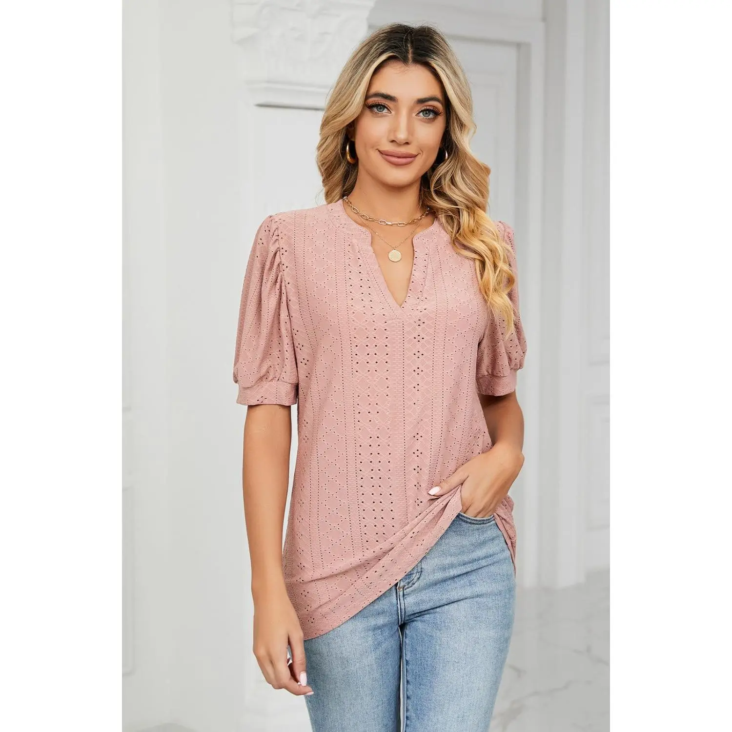 Eyelet Short Puff Sleeve Notched Neck Top