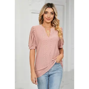 Eyelet Short Puff Sleeve Notched Neck Top