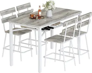 DKLGG 5-Piece Dining Table Set for 4, Counter Height Kitchen Table & 4 Bar Stools, Hightop Bar Table and Chairs Set with Storage, Farmhouse Small Dinette Set for Pub, Dining Room, Small Space