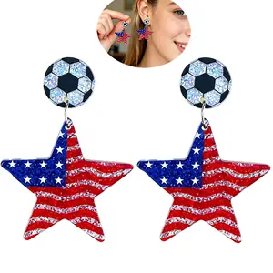 2026 Summer Soccer Match Long Earrings With Five-point Star Soccer Element Design,Perfect Women Earrings for Sports Event Dress Up Steel Acrylic Earrings Jewelry