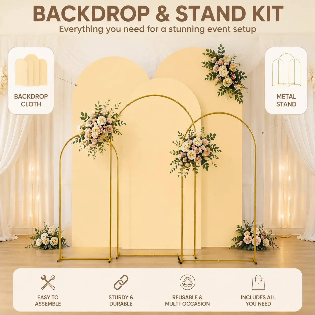 Metal Arch Backdrop Stand and Cover Set of 3, Sturdy 7.2FT, 6.6FT, 6FT Party Backdrop Set, Wedding Arch Frame and Cover Set for Birthday, Baby Shower,Christmas, Anniversary
