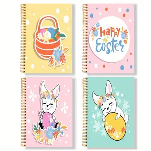 Easter Themed Spiral Notebook, 4 Counts/set Cute Cartoon Rabbit & Flower Basket Pattern Notebook, Writing Book for Student, Motivational Positive Journal Notebooks