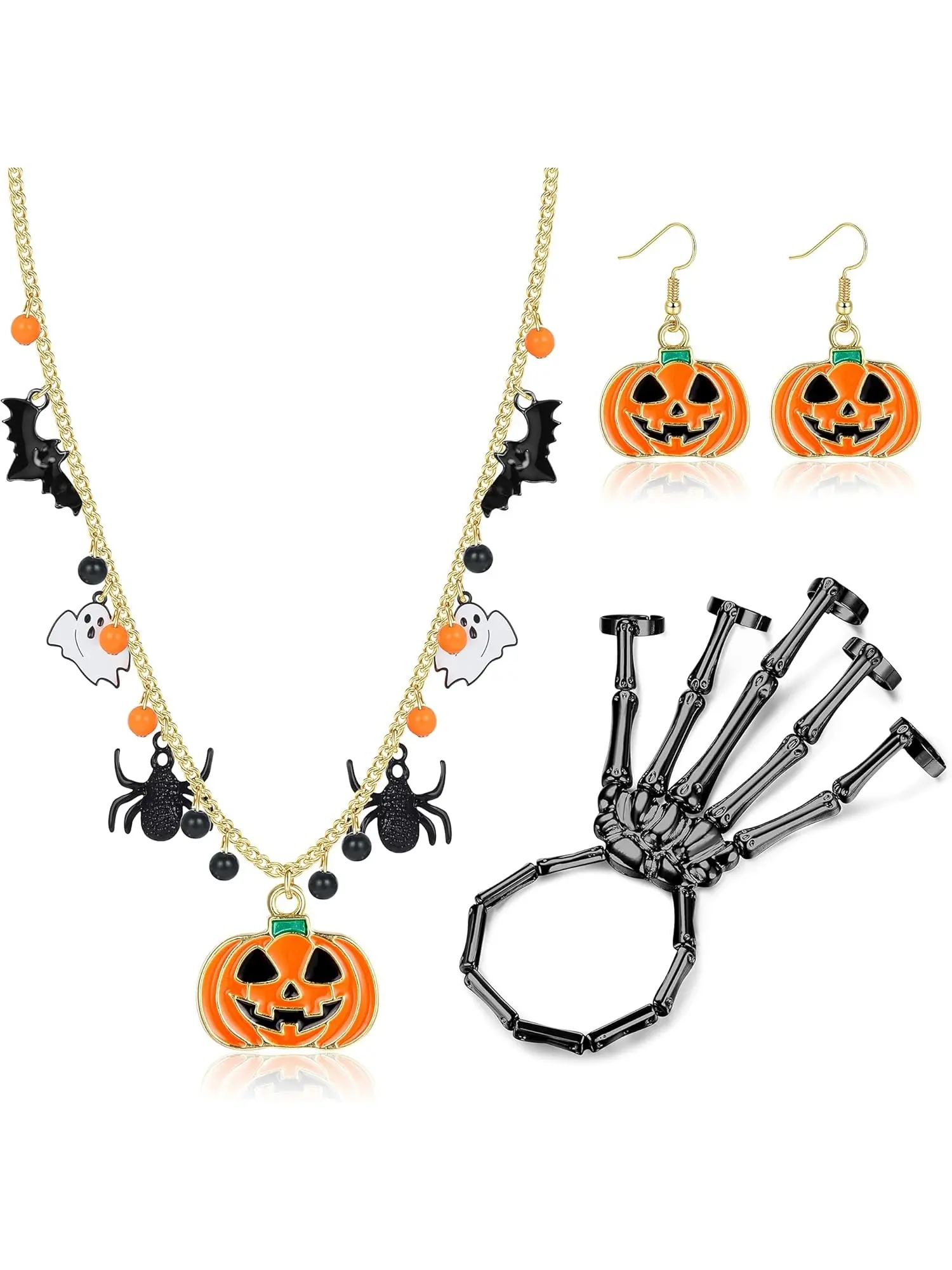 Halloween 4 Pcs Colorful Happy Festival Jewelry Set for Women Men Alloy Stainless Steel Halloween Necklace Pumpkin Ghost Earrings Skeleton Hand Bracelet Set