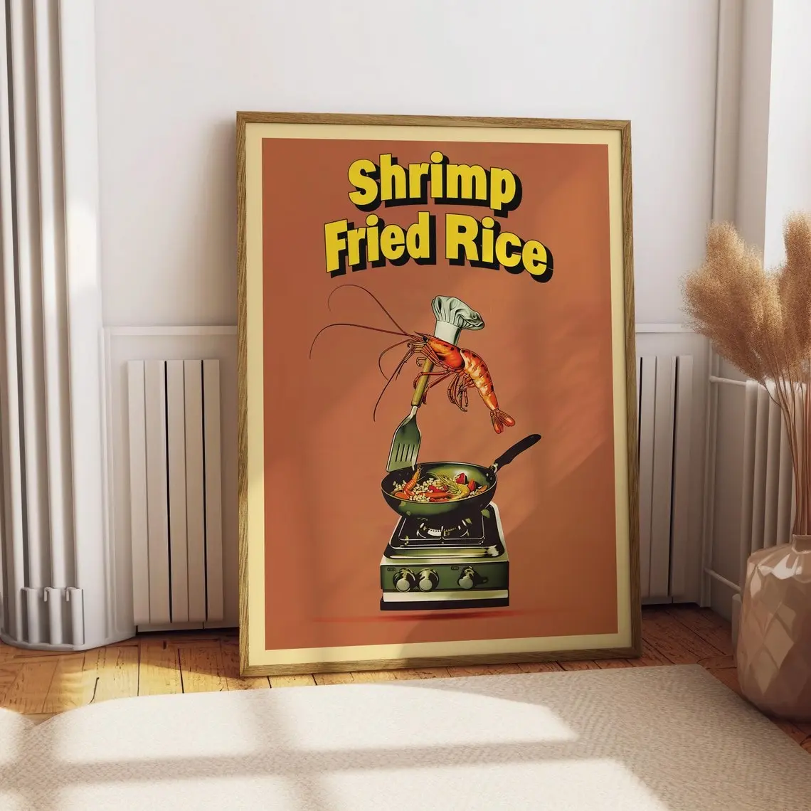 Shrimp Fried Rice Funny Retro Print for Kitchen Vintage Bar Wall Decor Andy Warhol Pop Art Style Whimsical Seafood Poster for Man Cave Decor Unframed