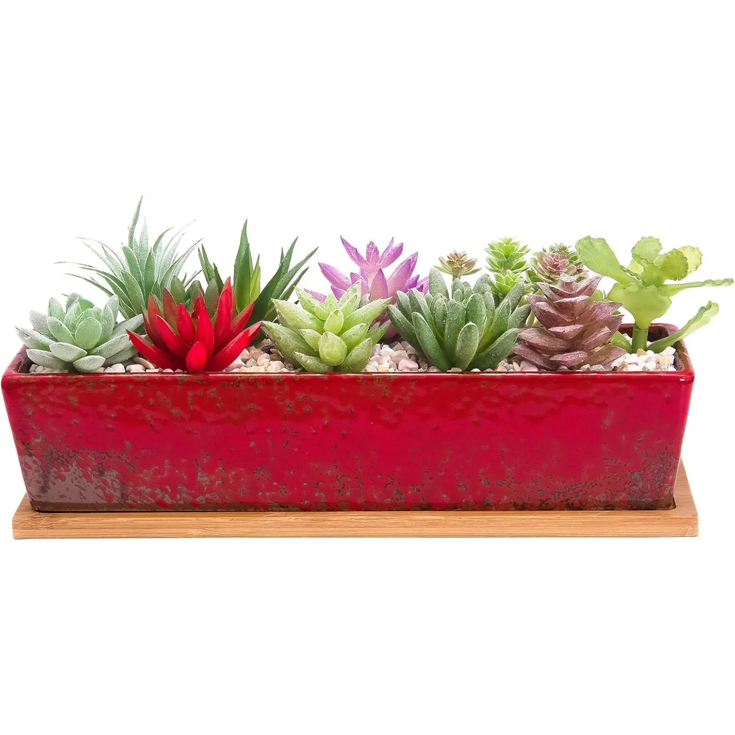 Succulent Pots - Large Succulent Planter Pots with Drainage, 12 Inch Long Rectangle Bonsai Pot with Bamboo Tray Shallow Ceramic Cactus Flower Planter Window Box for Home Garden Decor (Red)