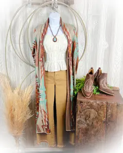 Fall Turquoise Canyon Aztec Duster Sweater Cardigan Fall Turquoise Canyon Aztec Duster Sweater Cardigan