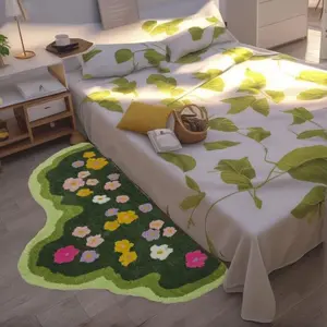 Green Moss Flower Pattern Bath Mat, Non-slip Absorbent 3D Long-hair Moss Carpet, Washable Soft Comfortable Carpet for Bathroom, Bedroom, Living Room, Floral Area Rug