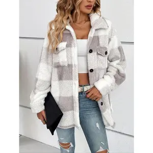 【Plus Size】 Plaid Print Button Front Fuzzy Jacket, Casual Long Sleeve Collared Outerwear for Fall & Winter, Women's?Christmas and New Year Clothes for Daily Wear（gift） Womenswear CoatsGift