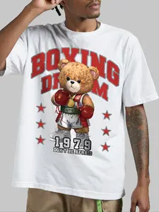 Men's Round Neck Short Sleeve Boxer Tee, Boxing Bear Graphic Design, Soft Breathable Fabric, Casual Regular Fit, Fashion Sporty Style, Graphic Tees