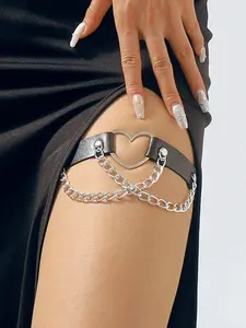 Dark Gothic Exaggerated Leg Ring, Leather Heart Chain Rivet Detail Geometric Harajuku Style Punk Elements Edgy Leg Chain, Foot Ring for Women