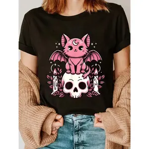 100% Cotton Lady's Fitted Short-Sleeve Round Neck Casual T-Shirt - Kawaii, Pastel Goth, Cute Creepy Cat, Bat, Skeleton Design