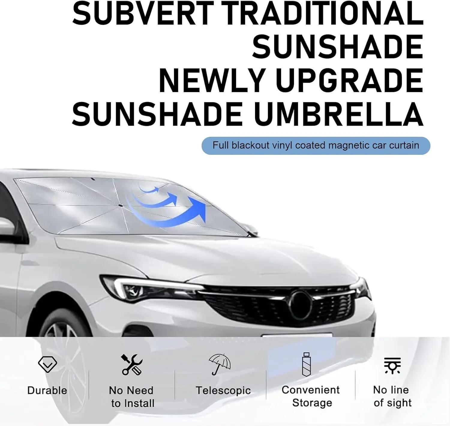[Summervibes] 2026 Upgraded Car Windshield Sun Shade Umbrella with Pull Cord, Foldable Car Umbrella Sunshade with UV Block Car Front Window, Ten Strand Convex Umbrella Frame Retractable Sunscreen for Most Cars/SUV