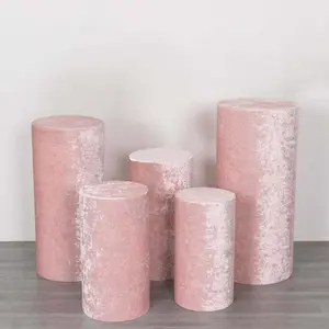 Set of 5 Blush Crushed Velvet Cylinder Pillar Prop Covers, Premium Pedestal Stand Covers