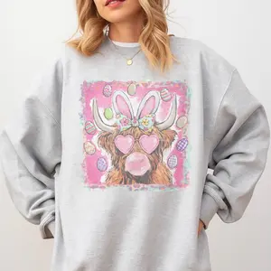 Easter - Easter Highland Cow Sweatshirt - Ash Grey - Easter Sweatshirt Pullover Soft Unisex Womenswear Cotton Fabric