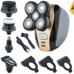 Electric Head & Body Hair Shaver - Mens Cordless Rechargeable Wet/Dry Skull Bald Head Back & Groin Waterproof Razor with Rotary Blades, Clippers, Nose Trimmer, Brush, Massager