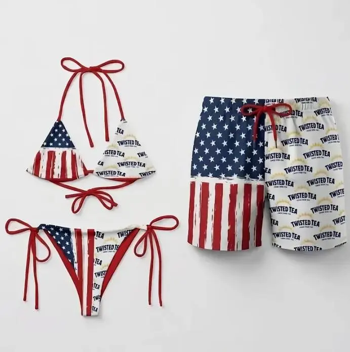 Matching Couple Bush-Apple Swimsuit Set, Patriotic Couple Bikini, USA Flag Swim Trunks, Summer Beachwear