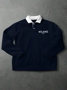 Men's Loose Fit Polo Collar Sweatshirt, Milano Print Long Sleeve Vacation Pullover, Perfect Gift for Friends Husband Boyfriend