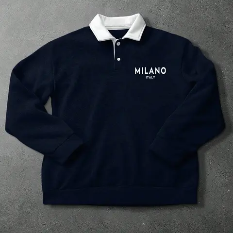 Men's Loose Fit Polo Collar Casual Sweatshirt Tops, Menswear Milano Print Long Sleeve Vacation Pullover, Perfect Gift for Friends Husband Boyfriend
