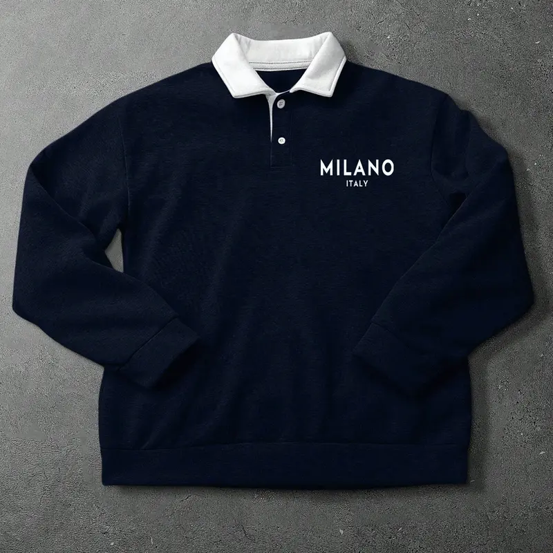 Men's Loose Fit Polo Collar Casual Sweatshirt Tops, Menswear Milano Print Long Sleeve Vacation Pullover, Perfect Gift for Friends Husband Boyfriend