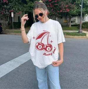 Lucky You Cherries Graphic Tee Vintage Cool Girl Aesthetic Womens Shirt Trendy Cherry Print Top