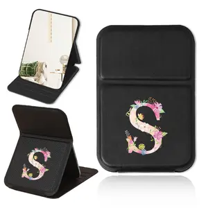 PU Makeup Mirror Compact Vanity Mirror with Leather Stand Cover, Lightweight Portable Beauty Tool for Girls, Perfect Gift with Initial Name Design