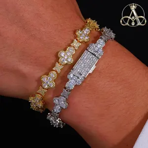 Personalized Trendy Niche Jewelry Hip Hop Cuban Chain 10mm Cross Flower Filled Moissanite Bracelet for Men and Women