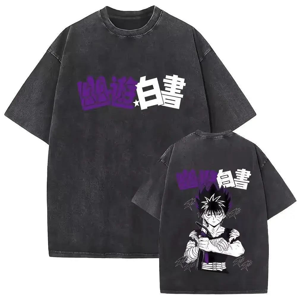 Tshirts S-4XL 5XL Wanted YuYu Hakusho Kurama Hiei Yusuke Kuwabara Vintage Washed T Shirt Men Anime Cartoon Oversized T-shirt Male Retro T-shirts Menswear Streetwear Tshirt Menswear