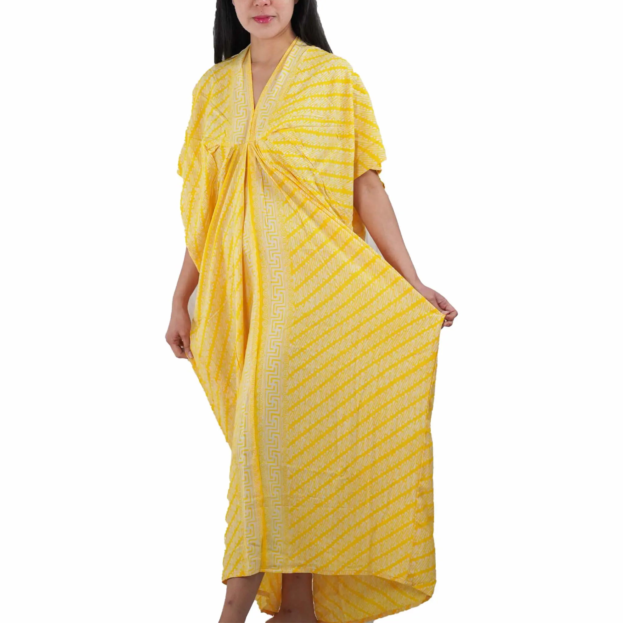 Hand Dyed Batik Kaftan Dress Rayon Vegan Eco-friendly Material, Maxi, Long, Yellow Dress Casual Fabric